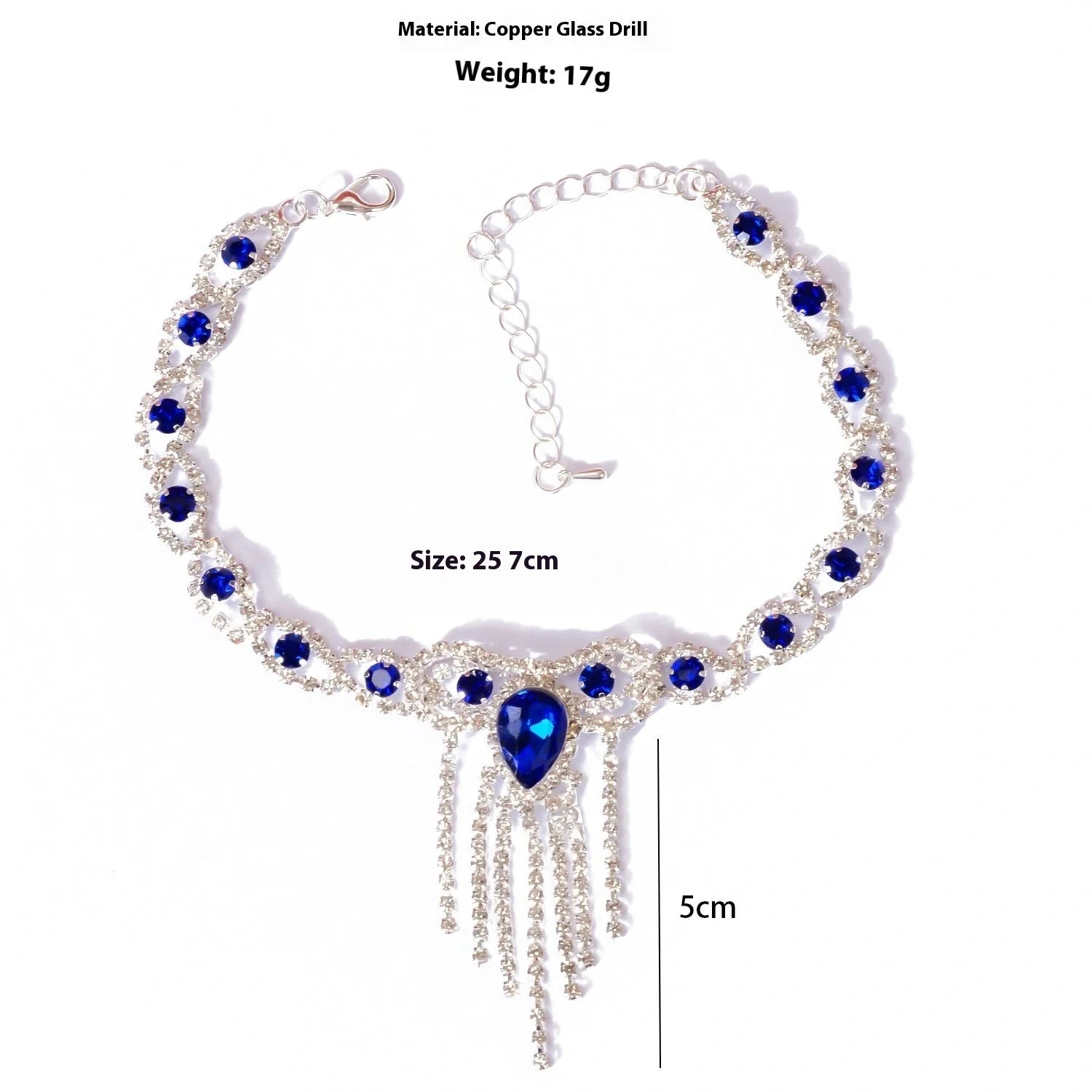 Blue rhinestone tassel anklet with gold-plated accents, perfect for women's fashion accessories.
