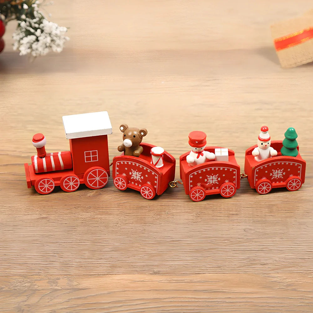 Christmas wooden train window decoration with manual craftsmanship and cartoon styling