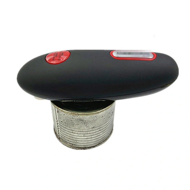 Cordless electric can opener with automatic stop and safety grooves