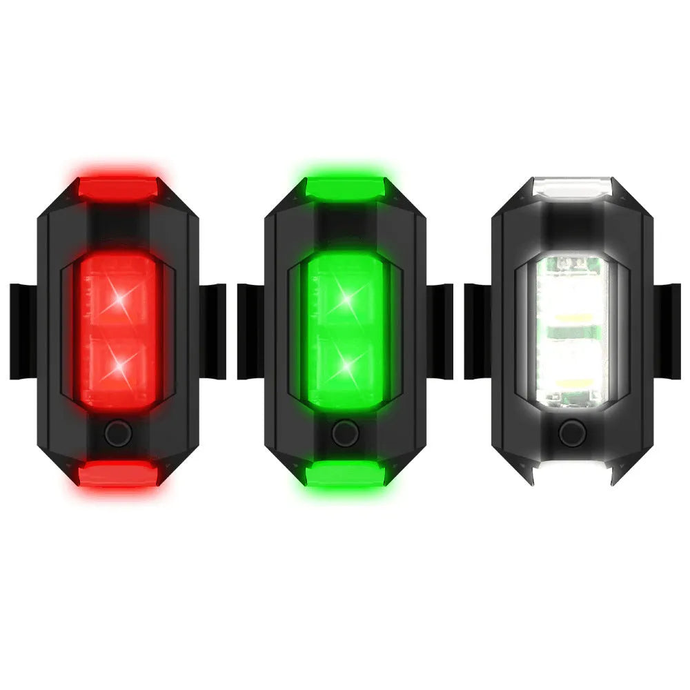 Drone strobe light with multi-colour LEDs, USB Type-C cable, and mounting tape on a ring.