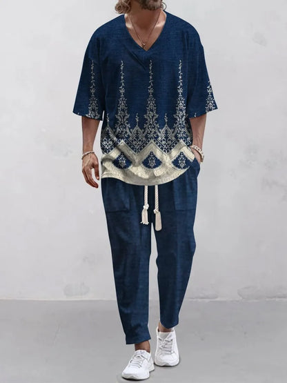 Cropped sleeves V-neck trousers suit in thin polyester fabric, available in multiple colours and sizes from S to 6XL