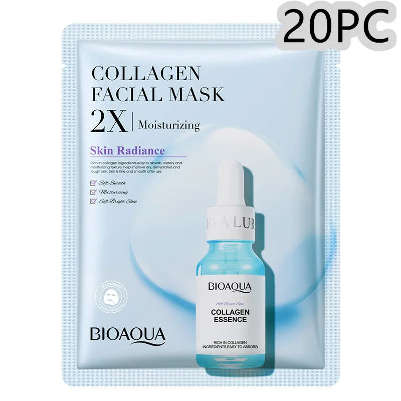 Collagen and hyaluronic acid facial sheet mask set with four variant packages showing 30g gel masks