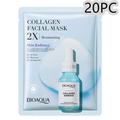 Collagen and hyaluronic acid facial sheet mask set with four variant packages showing 30g gel masks