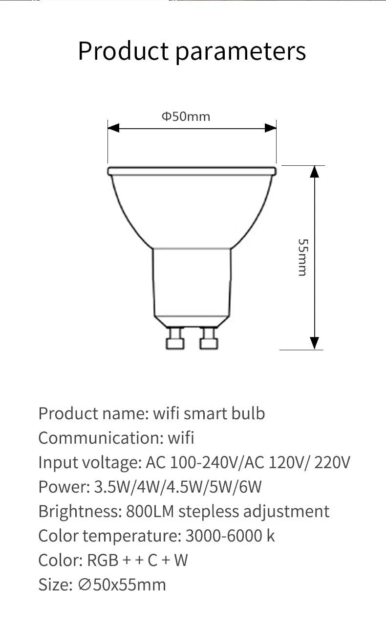 Smart WiFi GU10 LED spotlight bulb with RGBCCT colour and tunable white light, shown with dimensions.