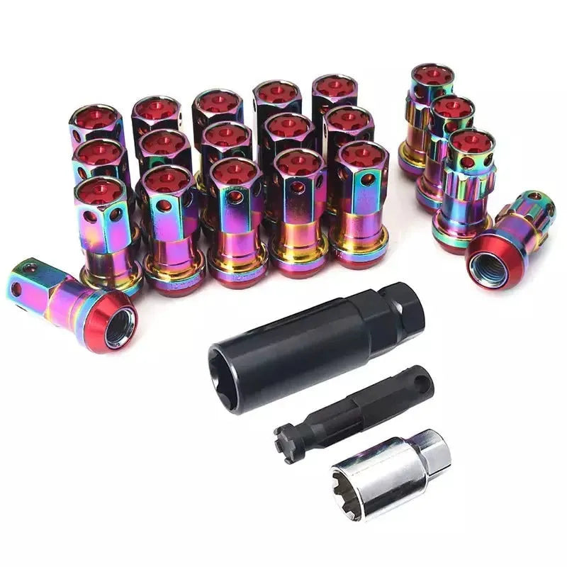 Aluminium alloy automobile wheel hub universal flat head forging nuts in M12 x 1.5 and M12 x 1.25 thread sizes, suitable for general vehicle models, available in multiple colour combinations including black, red, blue, gold, and purple.
