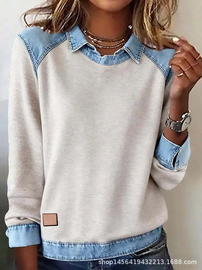 Denim collar long sleeve pullover with patchwork knitwear in street fashion style, available in multiple colours