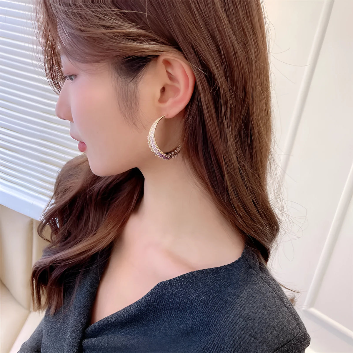 Geometric women's hoop earrings in gold white, purple, green, black, or silver white zirconium plating.