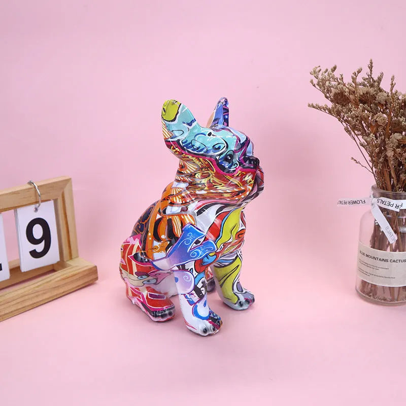 Modern graffiti-coloured resin bulldog statue on a white background.