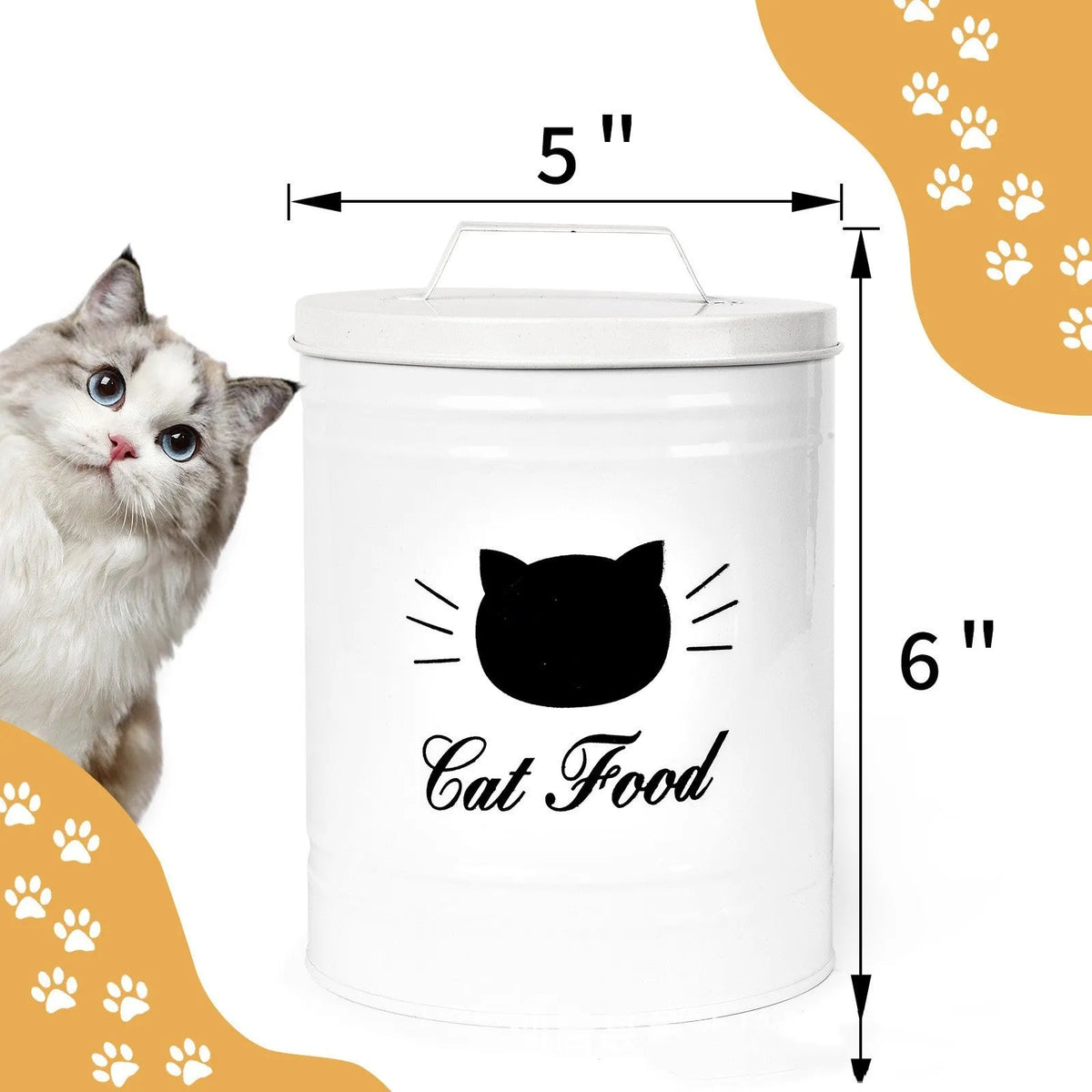 Round metal can with secure lid for dry food storage, showing black and white inner box options