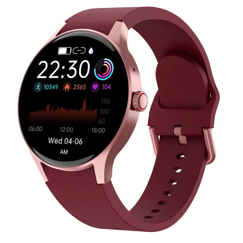 Smart sport watch with round touch screen shown in multiple colour options.