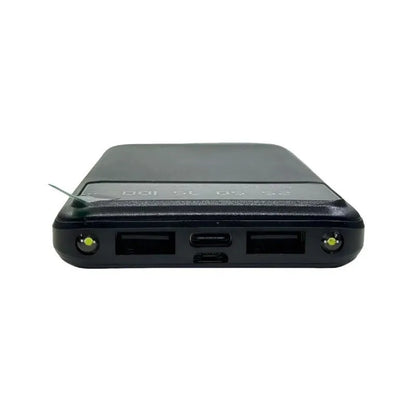Black ultra-thin 10000 mAh power bank showing compact portable design