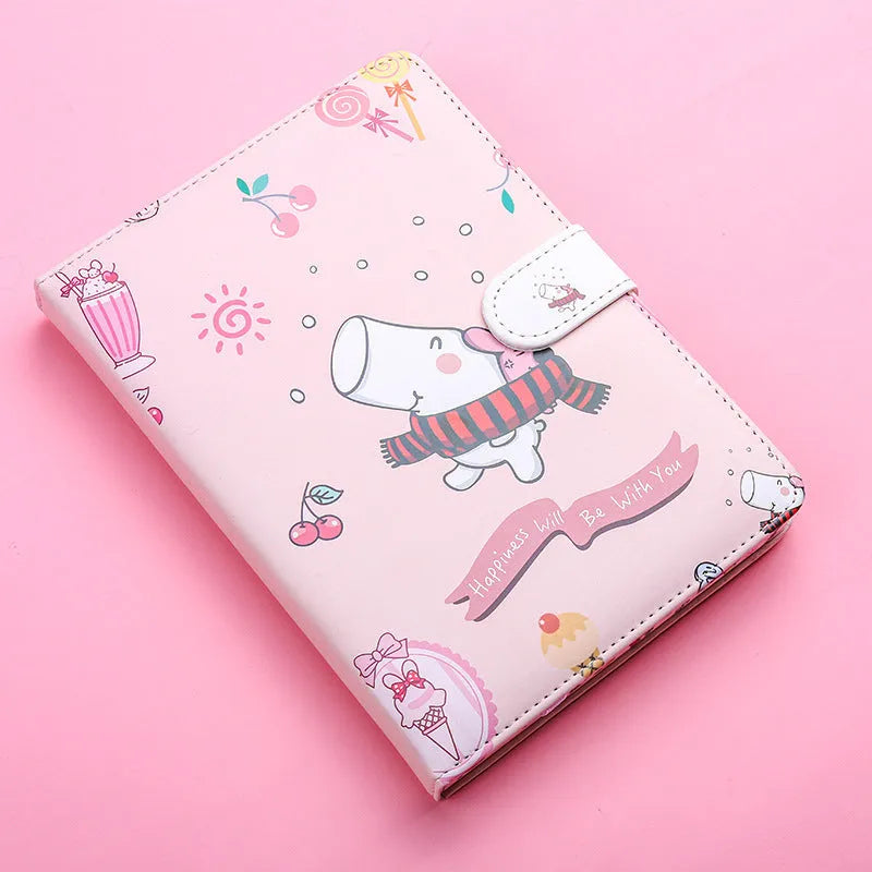 Small white Kaba Bear Hippo notebook with magnetic buckle, girl heart design, showing 224 pages and PU cover.