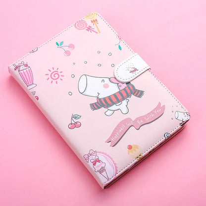 Small white Kaba Bear Hippo notebook with magnetic buckle, girl heart design, showing 224 pages and PU cover.
