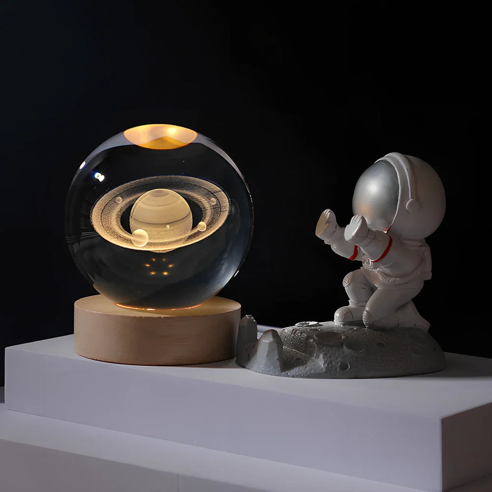 Cosmos Series 8cm crystal ball night light on wooden base with astronaut pusher projecting Milky Way pattern