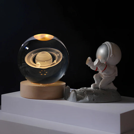 Cosmos Series 8cm crystal ball night light on wooden base with astronaut pusher projecting Milky Way pattern