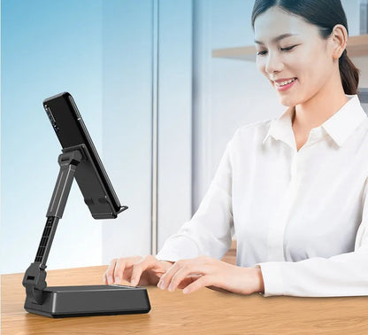 Black mobile phone broadcasting stand with Bluetooth speaker and HD microphone on desk