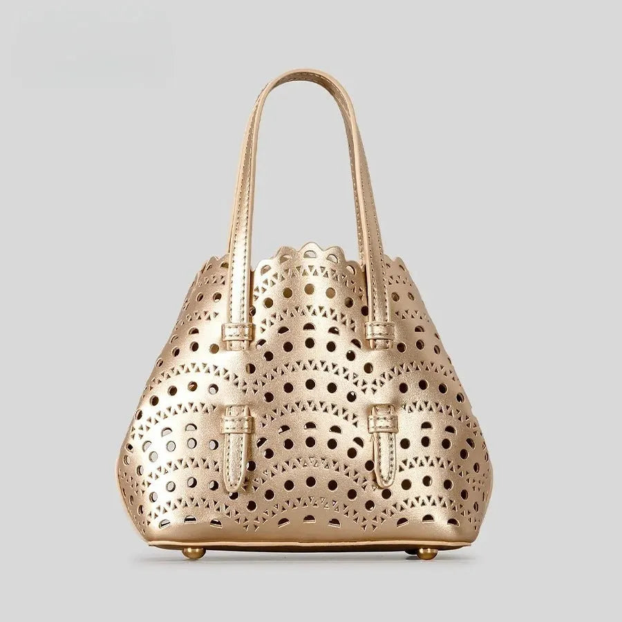 Hollow carved PU messenger tote bag with three straps in horizontal square shape