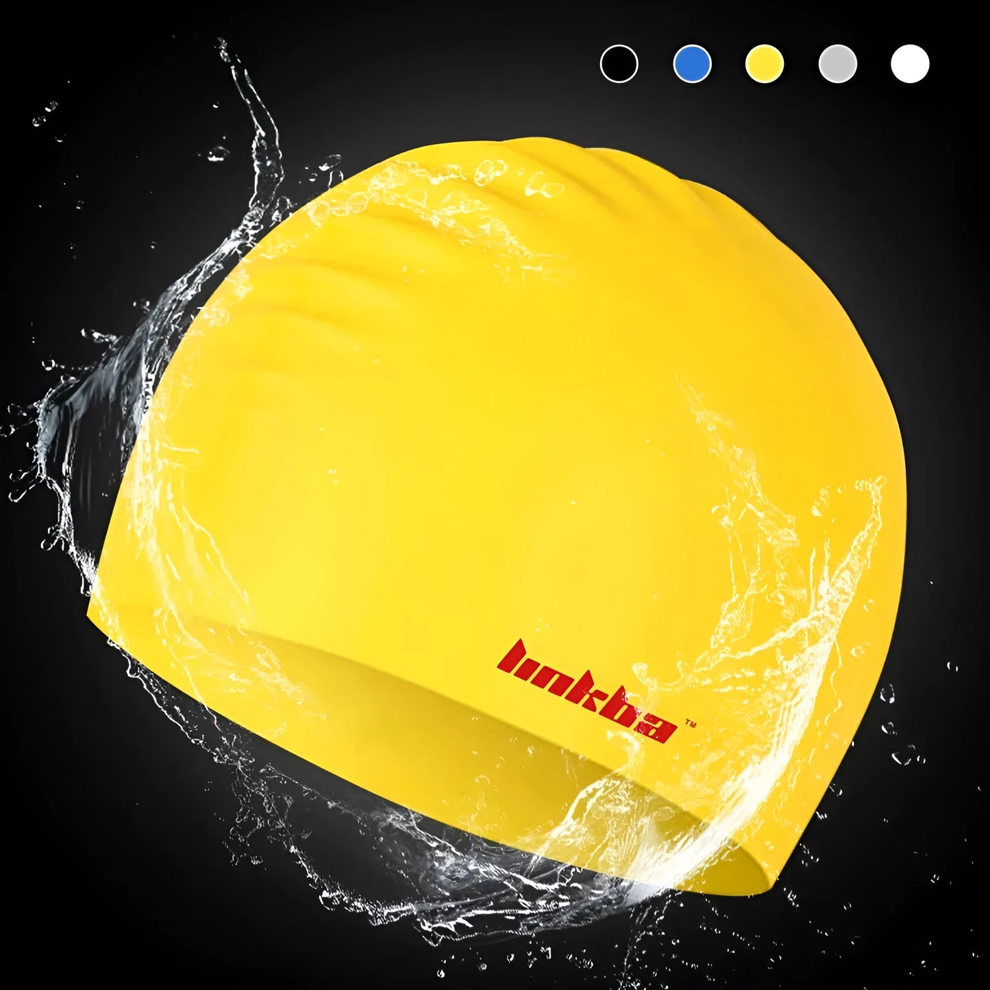 Coloured silicone adult swimming cap with letter pattern and built-in earmuff design.