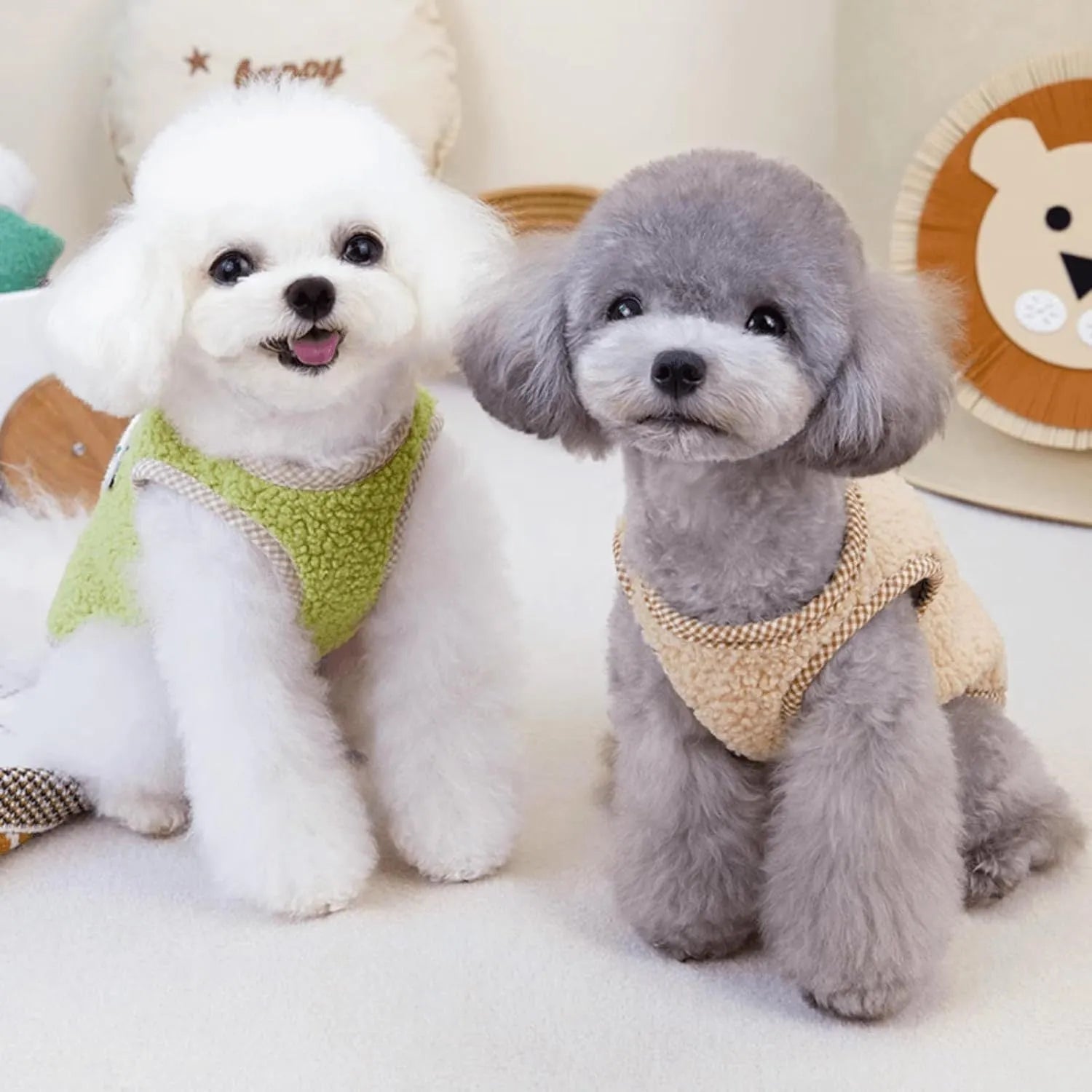 Green dog sweatshirt vest with thickened coral fleece and leash ring for small pets
