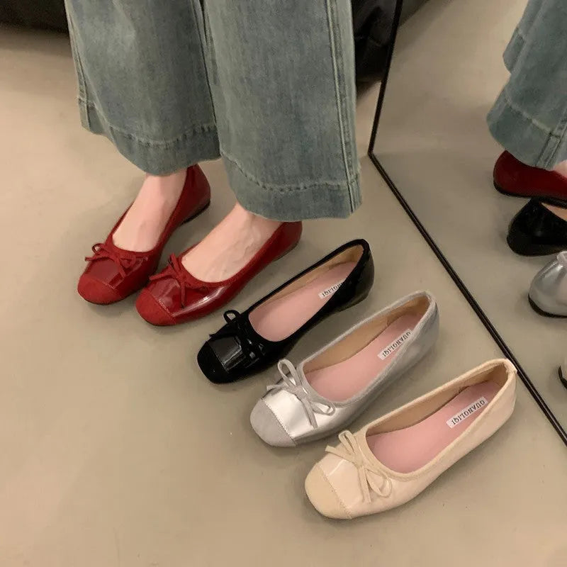 Women's Flat Ballet Pumps Mary Jane Shoes with Bow and Square Toe for Daily Wear, Retro Wanwan Style with Rubber Sole in Wine Red, Silver, Black or Apricot Colour, Available Sizes 35 to 40