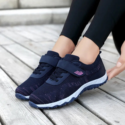 Women's grey purple soft sole velcro shoes with a low-top mesh upper and wedge heel.