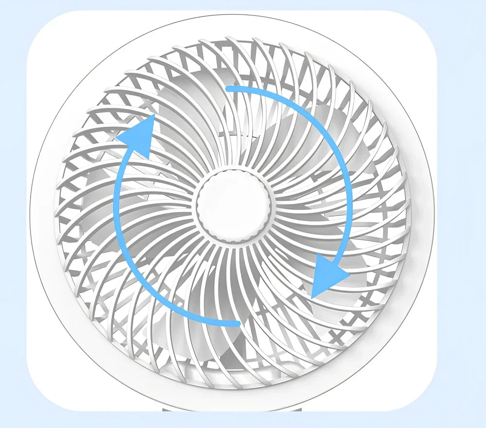 Black portable desk electric fan with foldable base, LED display, and hanging hook for versatile placement