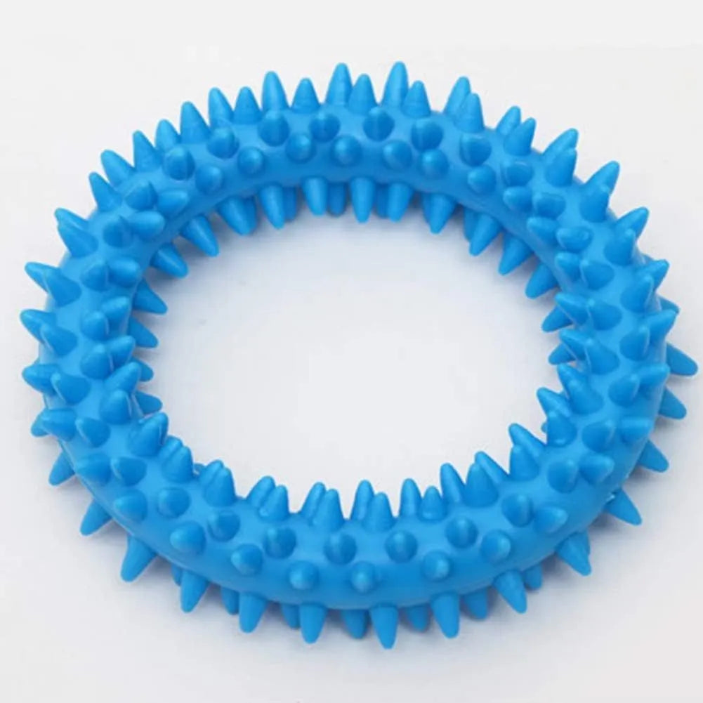 TPR spiky circle ring dog chew toy in assorted colours showing dental cleaning nubs
