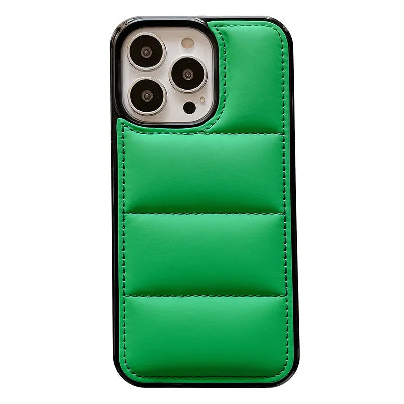 Candy down jacket textured shape phone case in solid colours for iPhone models.