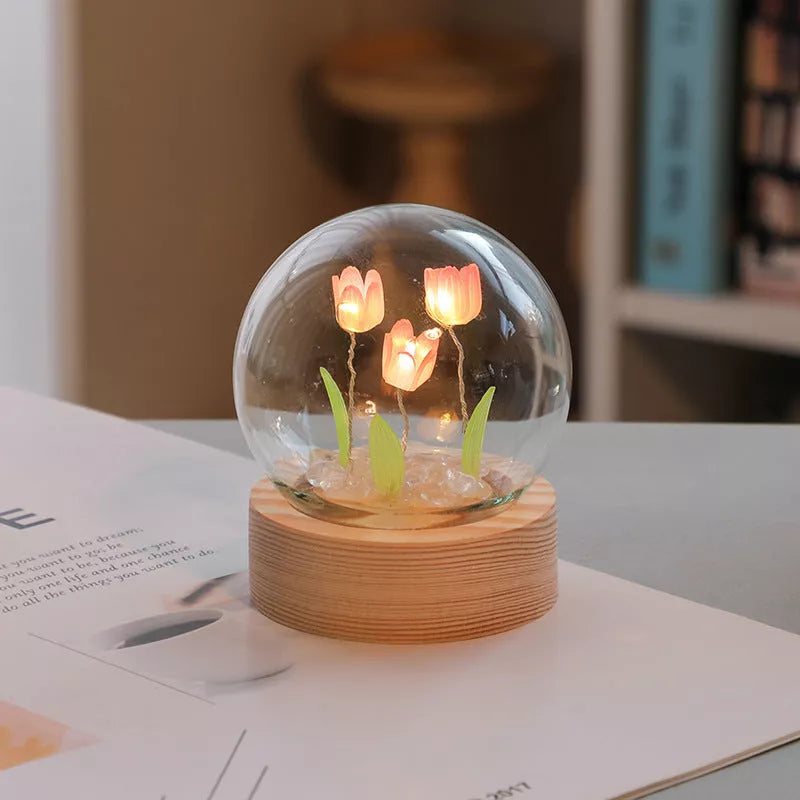 Handmade DIY tulip LED night light with adjustable flowers on wooden base