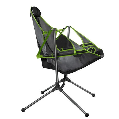 Green outdoor folding rocking chair with aluminium frame in unfolded position