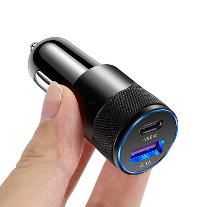 Aluminium alloy mobile phone car charger with USB socket measuring 2.5 by 6cm