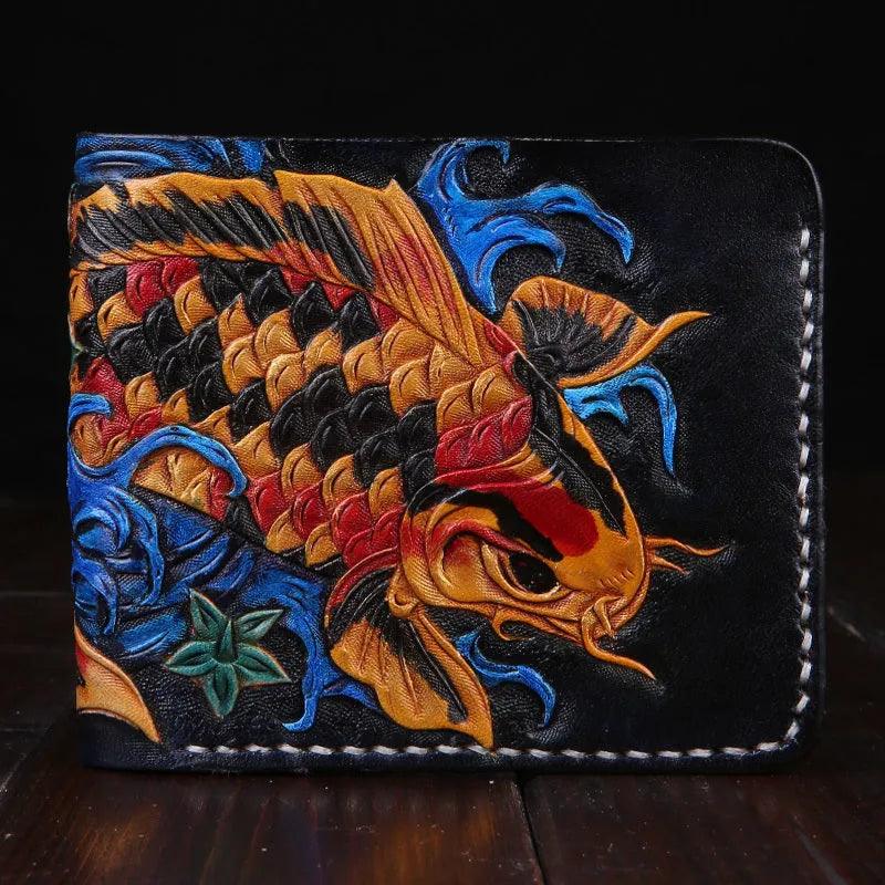 Men's hand-carved cow leather short wallet showing texture detail and compact 10x12cm dimensions
