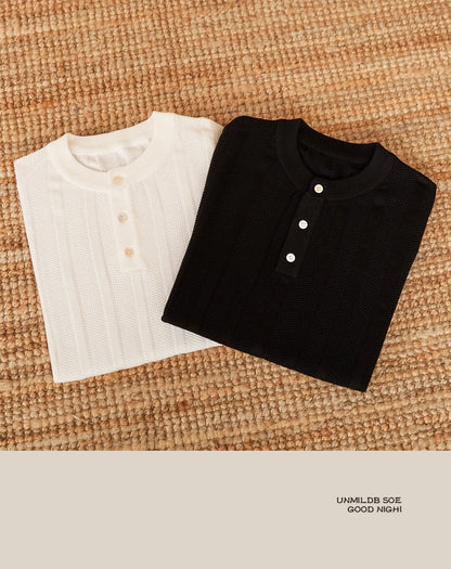 Men's beige cotton short-sleeve T-shirt with a Henry collar and a subtle sunken stripe knitted pattern.