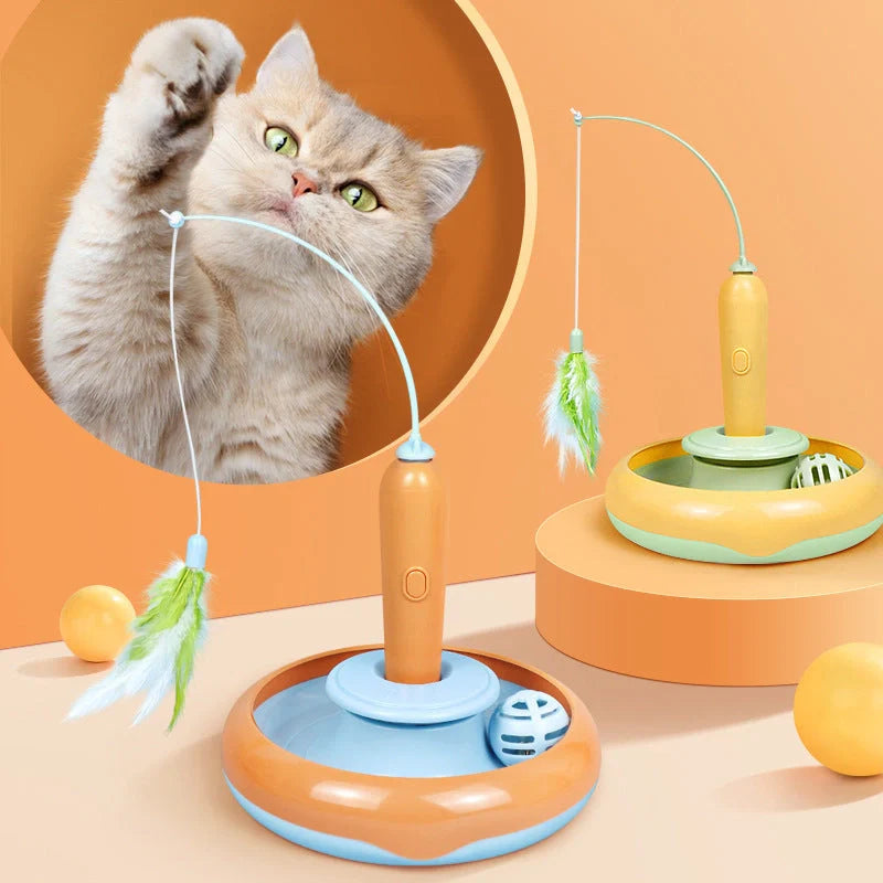 Interactive cat toy with feather and turntable for self-play, safe and durable design