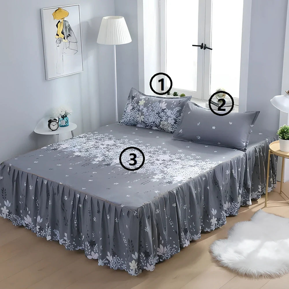 Pure cotton bed skirt pillowcase set with twill weave diagonal pattern in multiple colour options