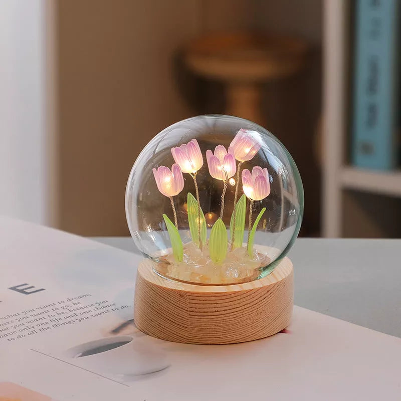 Handmade DIY tulip LED night light with adjustable flowers on wooden base