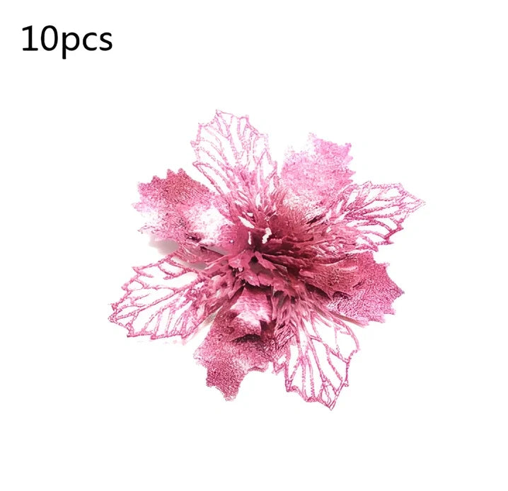 Glitter artificial Christmas flowers measuring 11cm with sparkling coating in various colour options