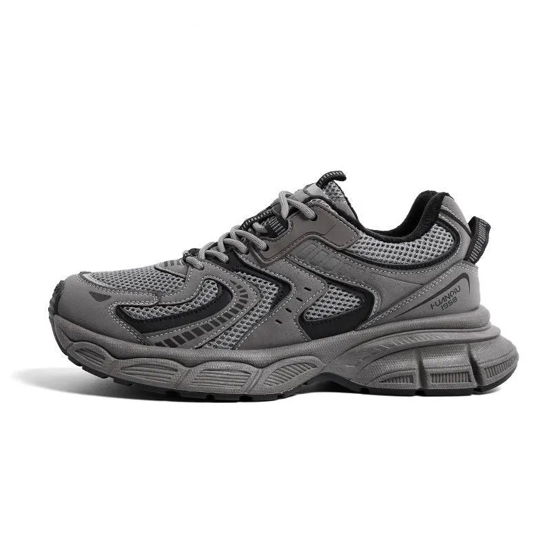 Grey platform casual sneaker with PU mesh upper, leather stitching, and a flat EVA sole.