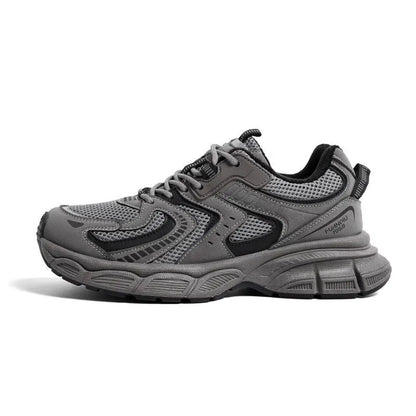 Grey platform casual sneaker with PU mesh upper, leather stitching, and a flat EVA sole.