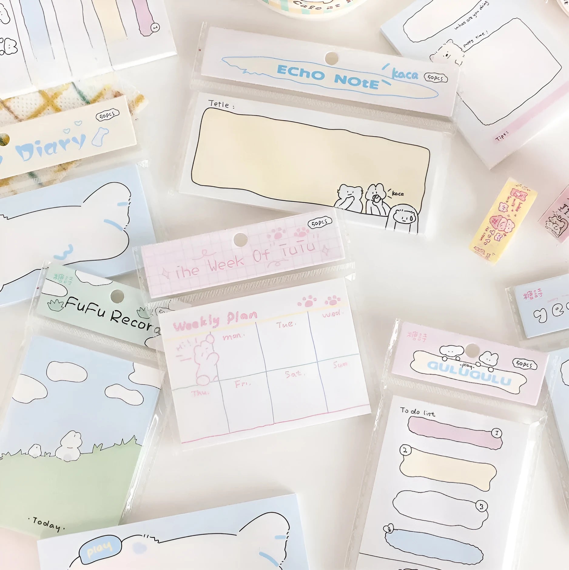 Cartoon character sticky notes in six themes with three size options on writable paper