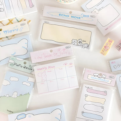 Cartoon character sticky notes in six themes with three size options on writable paper
