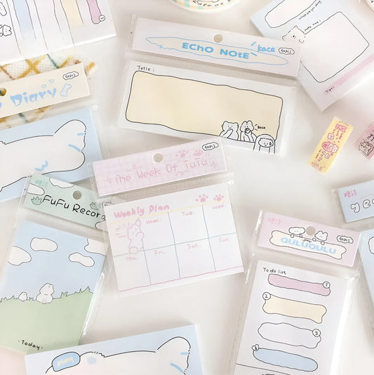 Cartoon character sticky notes in six themes with three size options on writable paper