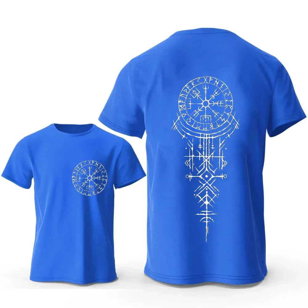 Men's grey T-shirt with a large black Viking rune compass graphic printed on the chest.