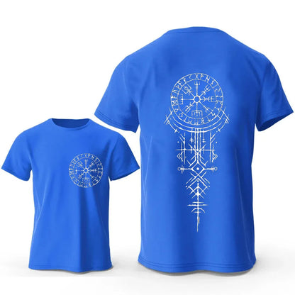 Men's grey T-shirt with a large black Viking rune compass graphic printed on the chest.