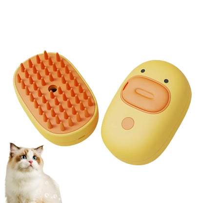 White or yellow pet steam brush with silicone comb teeth, rechargeable spray, and water tank for grooming cats and dogs