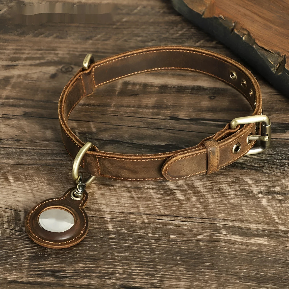 Brown genuine leather dog collar with retro styling and halter positioning system