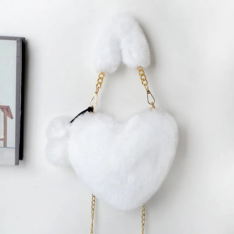 Women's soft plush heart-shaped handbag with shoulder strap in multiple solid colours