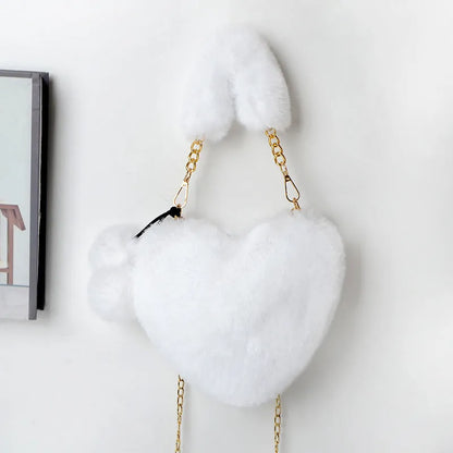 Women's soft plush heart-shaped handbag with shoulder strap in multiple solid colours
