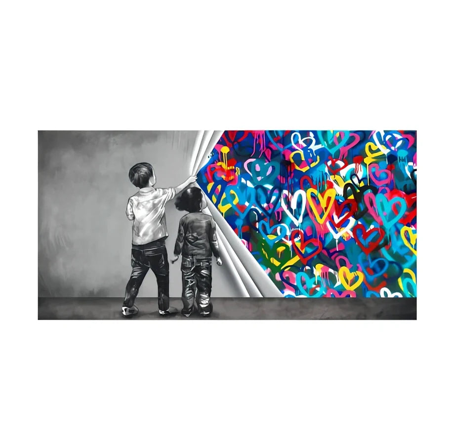 Frameless abstract graffiti canvas art for children's rooms in multiple sizes and colour variations