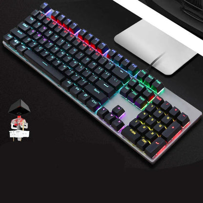 Real Mechanical Keyboard GK410 with 104 keys, metal frame, USB cable, and backlit keys for desktop computers